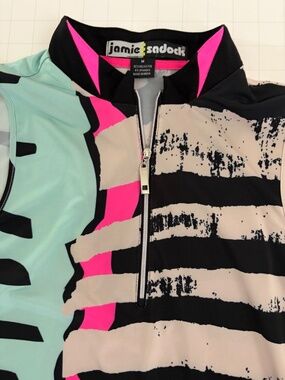 Jamie Sadock Black Pink Abstract Geometric Sleeveless Golf Polo Shirt Medium